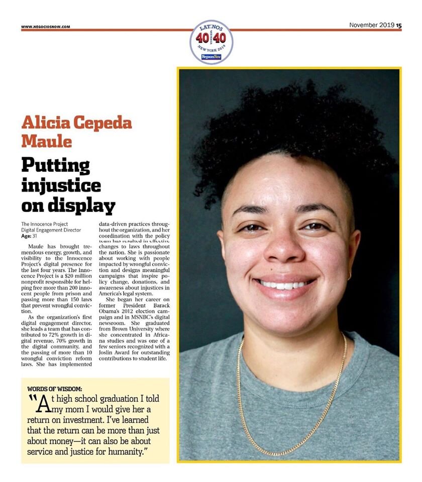 Portrait of Alicia Maule, Digital Engagement Director at the Innocence Project, Negocios Now ‘Latinos 40 Under 40 in New York’