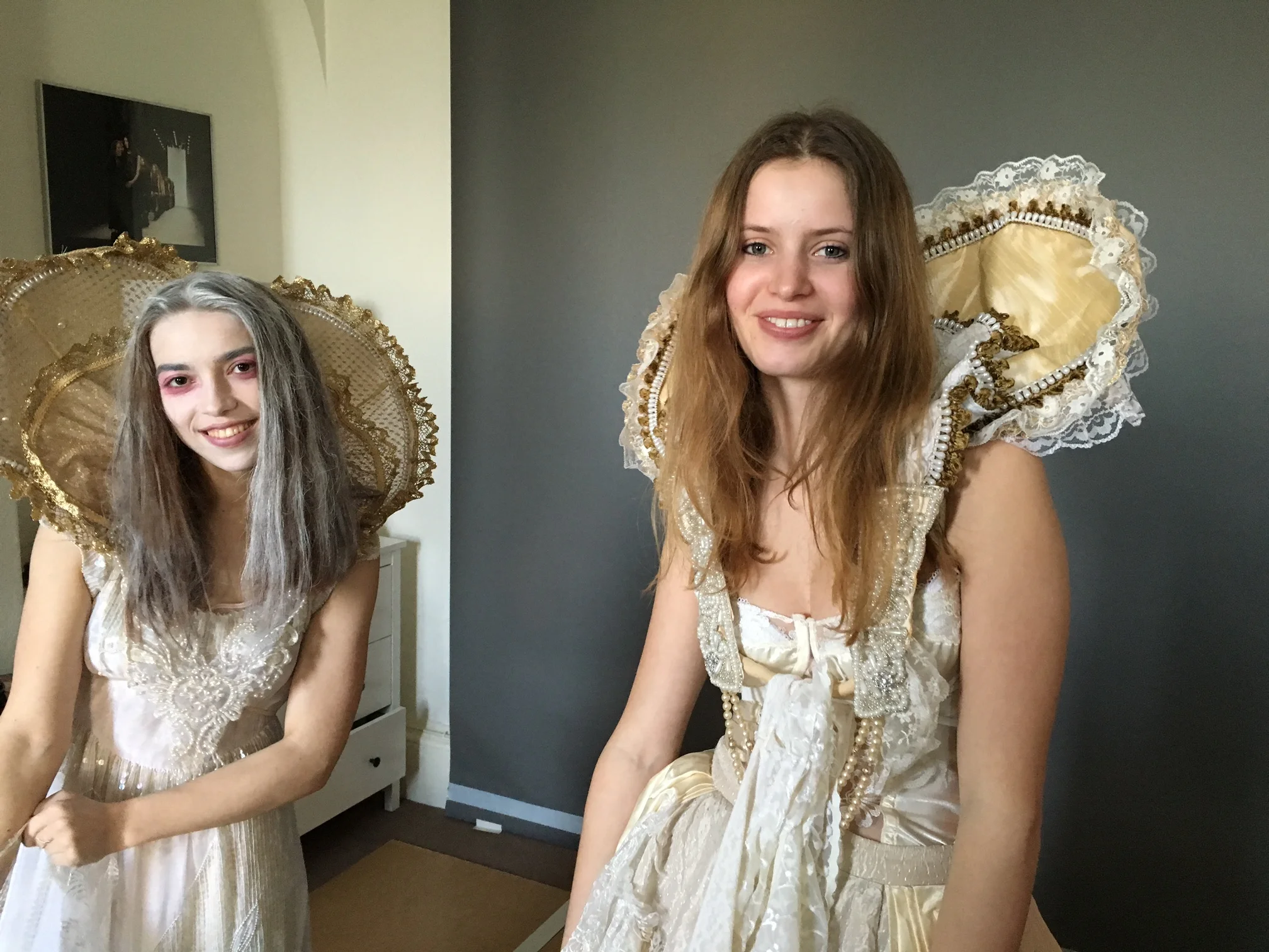Left to right Ellie and Angelica try on some costumes shortly before scaring the tourists... ( no really!)