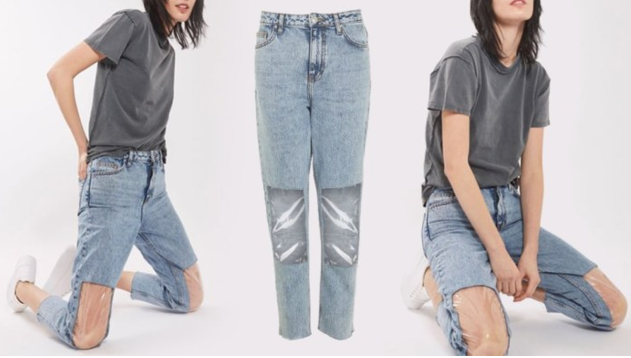 clear knee jeans