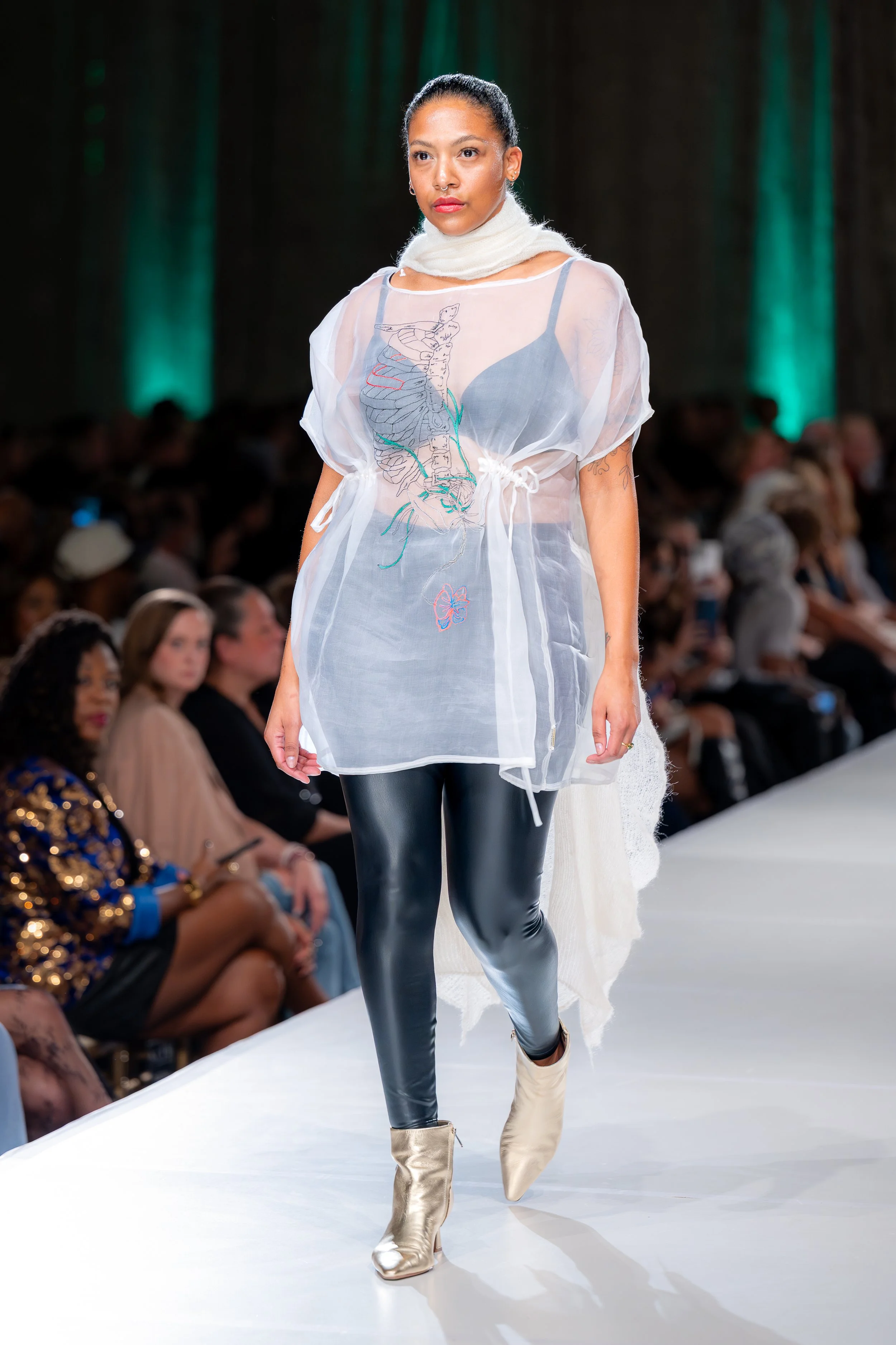 Silk organza embroidered gathered dress with hand knit, white hair, scarf. Kansas City Fashion Week F/W 2025