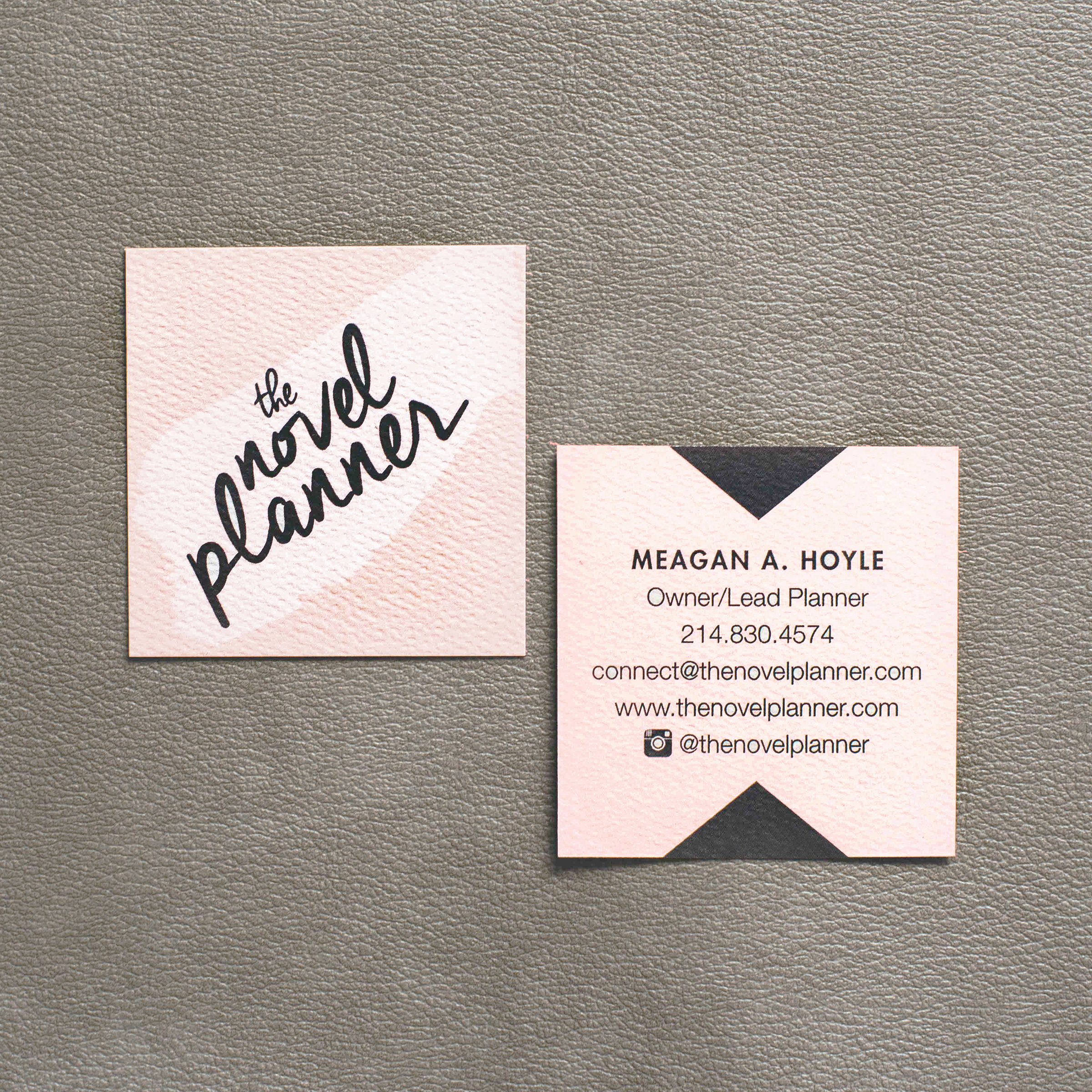 Blush and slate grey square business cards on textured ivory cotton stock, for The Novel Planner.