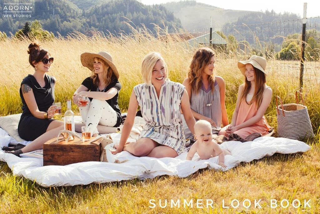 For Picnics and strolls in the summer sun, here are a few wonderful looks for staying effortlessly chic no matter where the summer takes you. Our Lovely Adorn Women- Stephanie Maul Jennie Day Burgett Jessie Hascall Kari Olivier Macy Olivier Editorial Team- Photography: Gia Goodrich of VEV Studios Lead Styling: Nicole Whitesell Styling: Nicole Boyer & Olivia Goldseth Makeup: Shauna Smith Hair: Sadie Tidland Lovely Assistant: Erin Adams Location: thecroftfarm.com at Sauvies Island Special thanks to Vail and Greg for the amazing support and for letting us run around on your beautiful property.