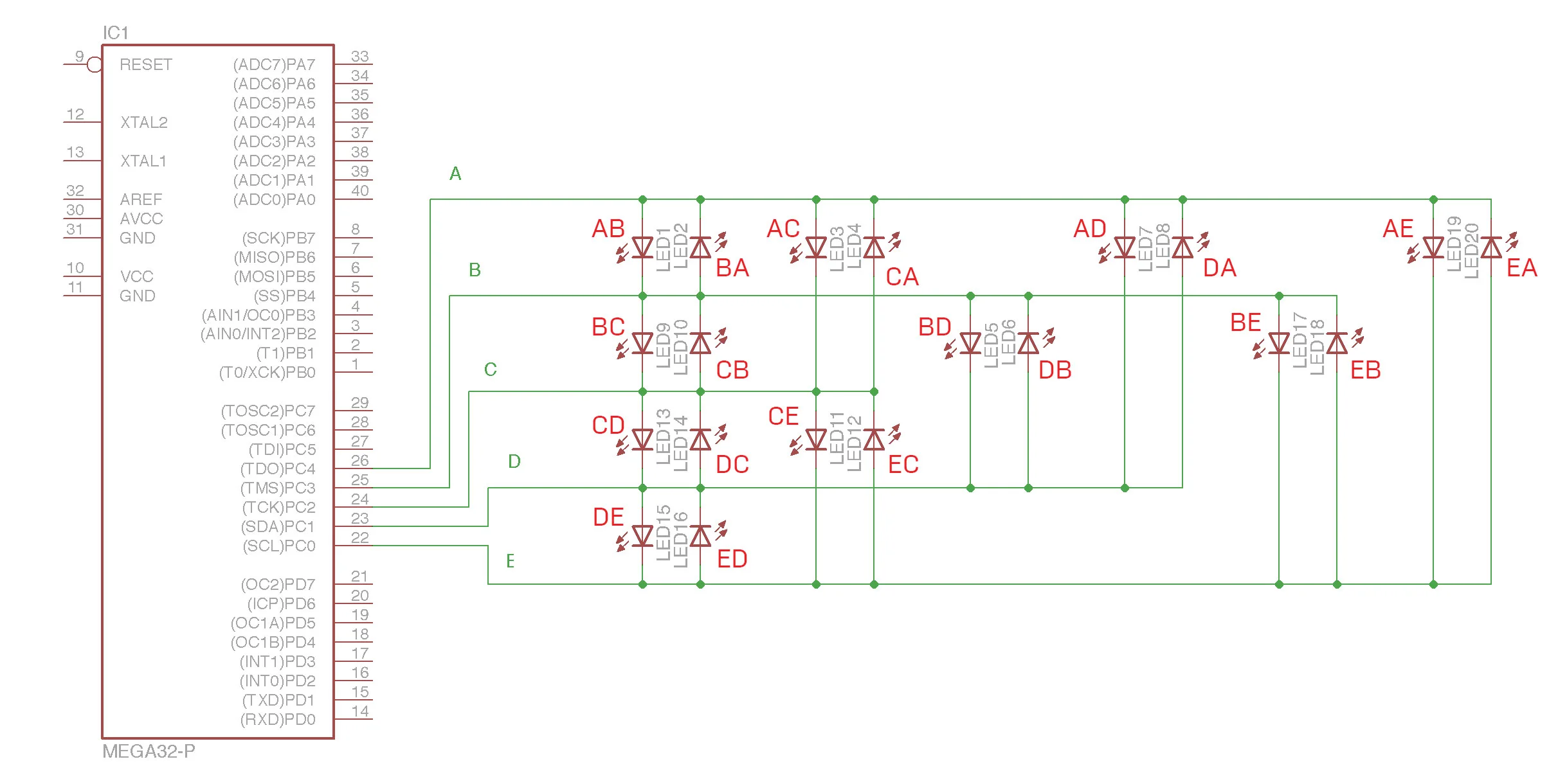 Charlieplexing 20 LEDs (with labels) on an AVR or Arduino