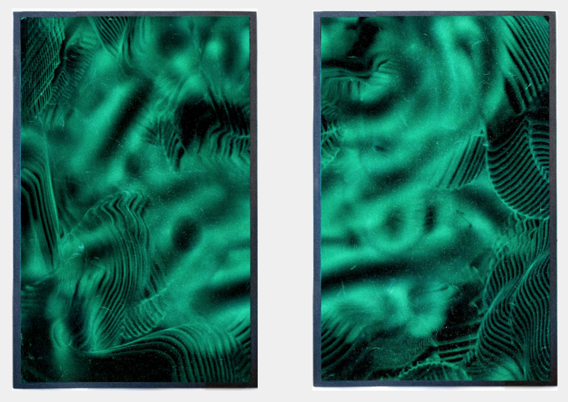 Echo Drawing (Hard Pan) 2019 Diptych 35” x 55” inches each Digital print from magnetic film, Constructed frame of wood, magnetic paint, and iron. Materials: magnetic film, magnets, iron powder (Fe), headphone speakers, modular synthesizer.