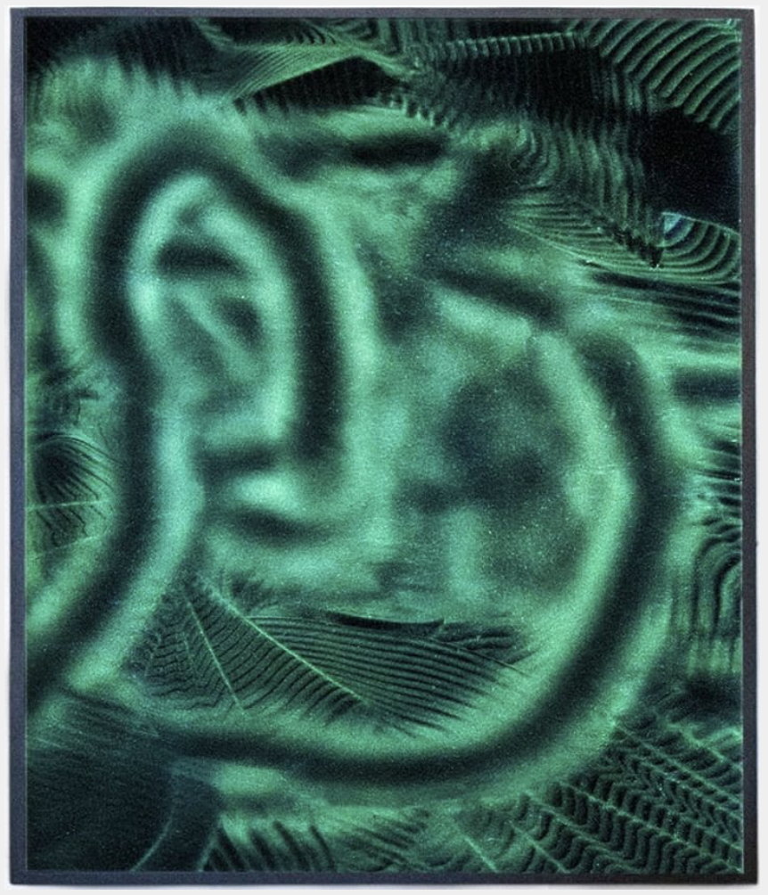 Echo Drawing (Stereo) 2019 41” x 47.75”inches Digital print from magnetic film, Constructed frame of wood, magnetic paint, and iron. Materials: magnetic film, magnets, iron powder (Fe), headphone speakers, modular synthesizer