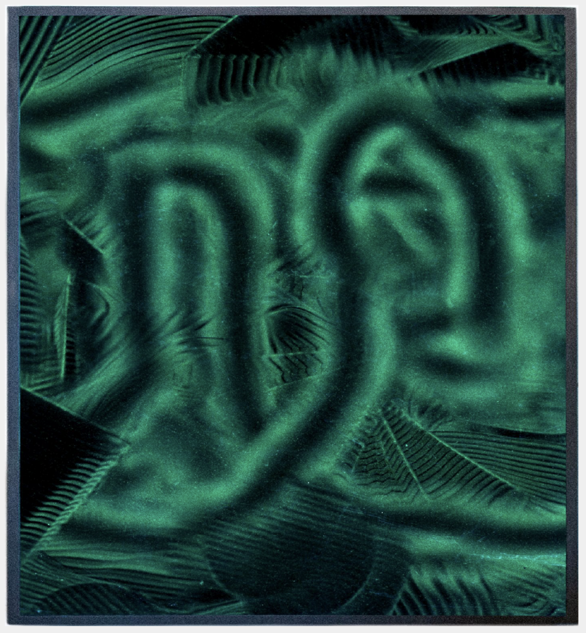 Echo Drawing (Binaural) 2019 45” x 49” inches Digital print from magnetic film, Constructed frame of wood, magnetic paint, and iron. Materials: magnetic film, magnets, iron powder (Fe), headphone speakers, modular synthesizer.