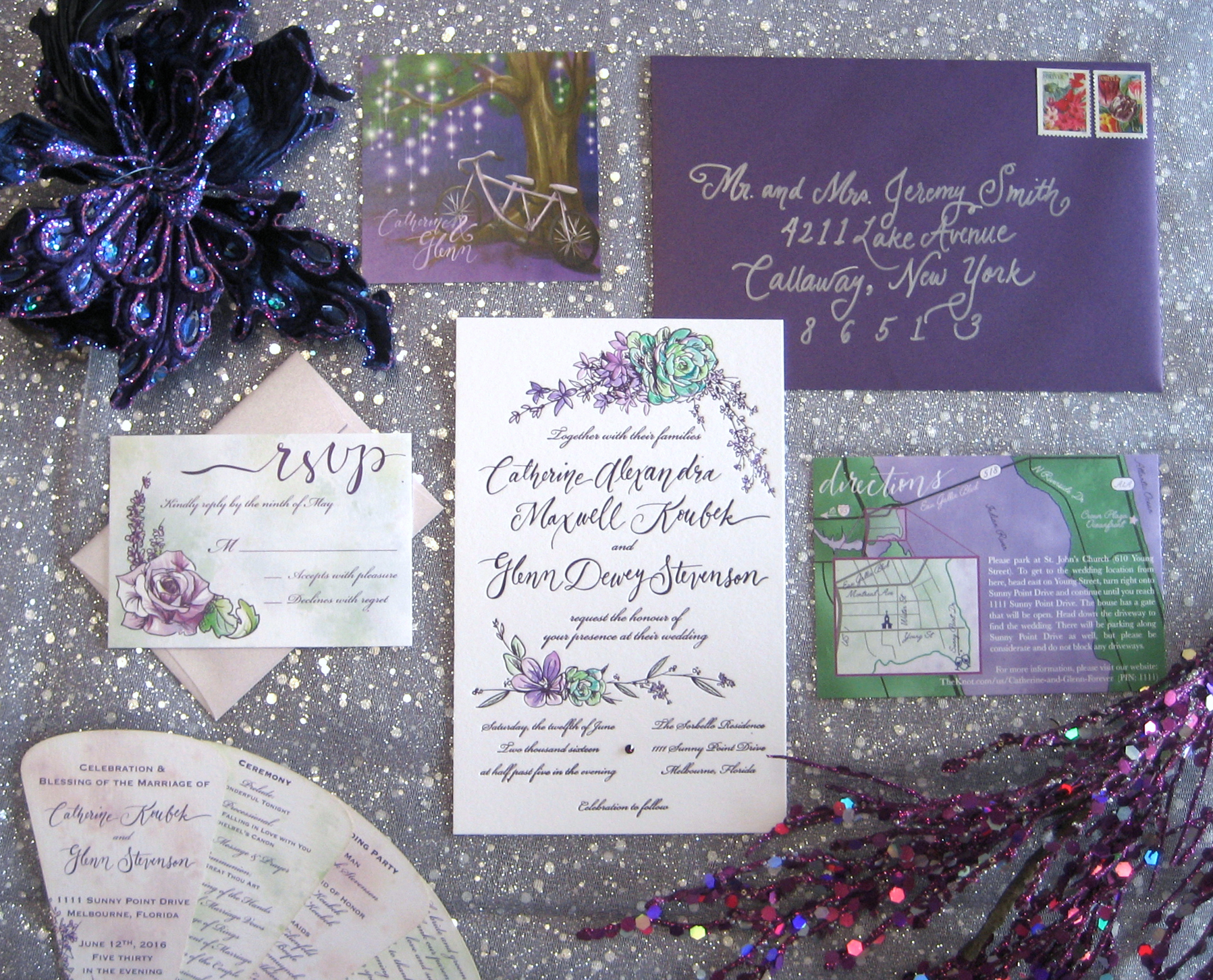 Letterpress invitations with hand painted watercolor & rhinestone detail. Custom map, calligraphy, and art. Fan style programs for outdoor weddings! From Proton Paperie & Press.