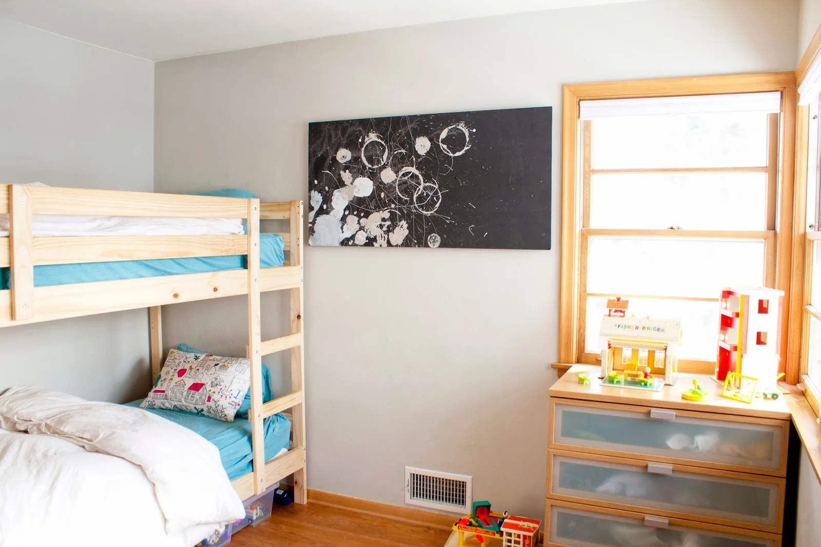 Mydal bed frame | painted Tidny pillows | handpainted artwork | Benjamin Moore Stonington Grey Schoolhouse Electric shade | heather aqua jersey sheets | Dvala duvet covers