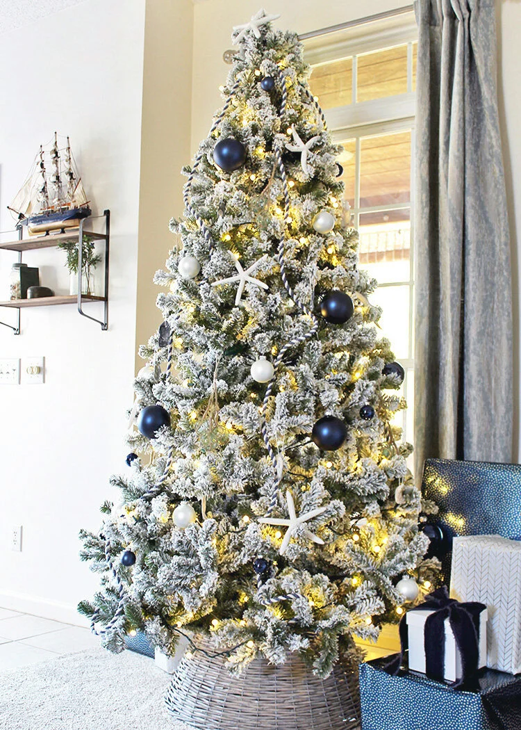 Coastal Flocked Christmas Tree With Oyster Shells Tag Tibby Design