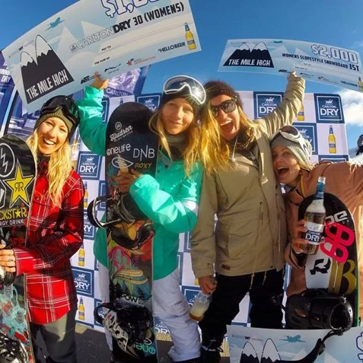Podium with the winners of the slopestyle contest. From the left -->> Christy Prior, me, Jamie Anderson, Silvia Mittermuller