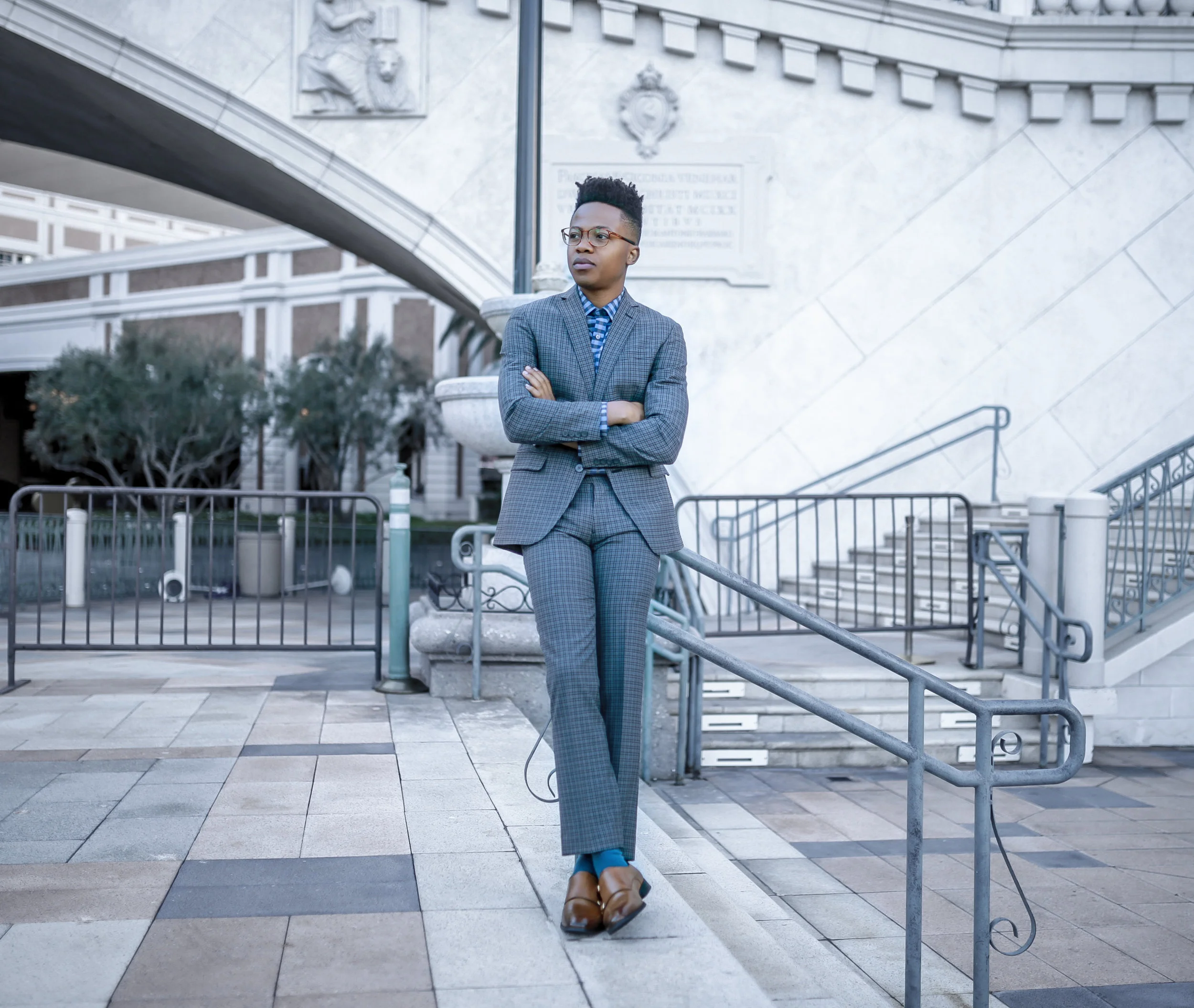 Smart casual - For this look, I dressed the suit down a bit with another beautiful blue check shirt, also from Bar 3's new collection. This look is perfect for a date, social gatherings, happy hour, a boys night out. Etc.. You can shop the Full BAR III look Below: Suit Jacket HERE Pants HERE Shirt HERE