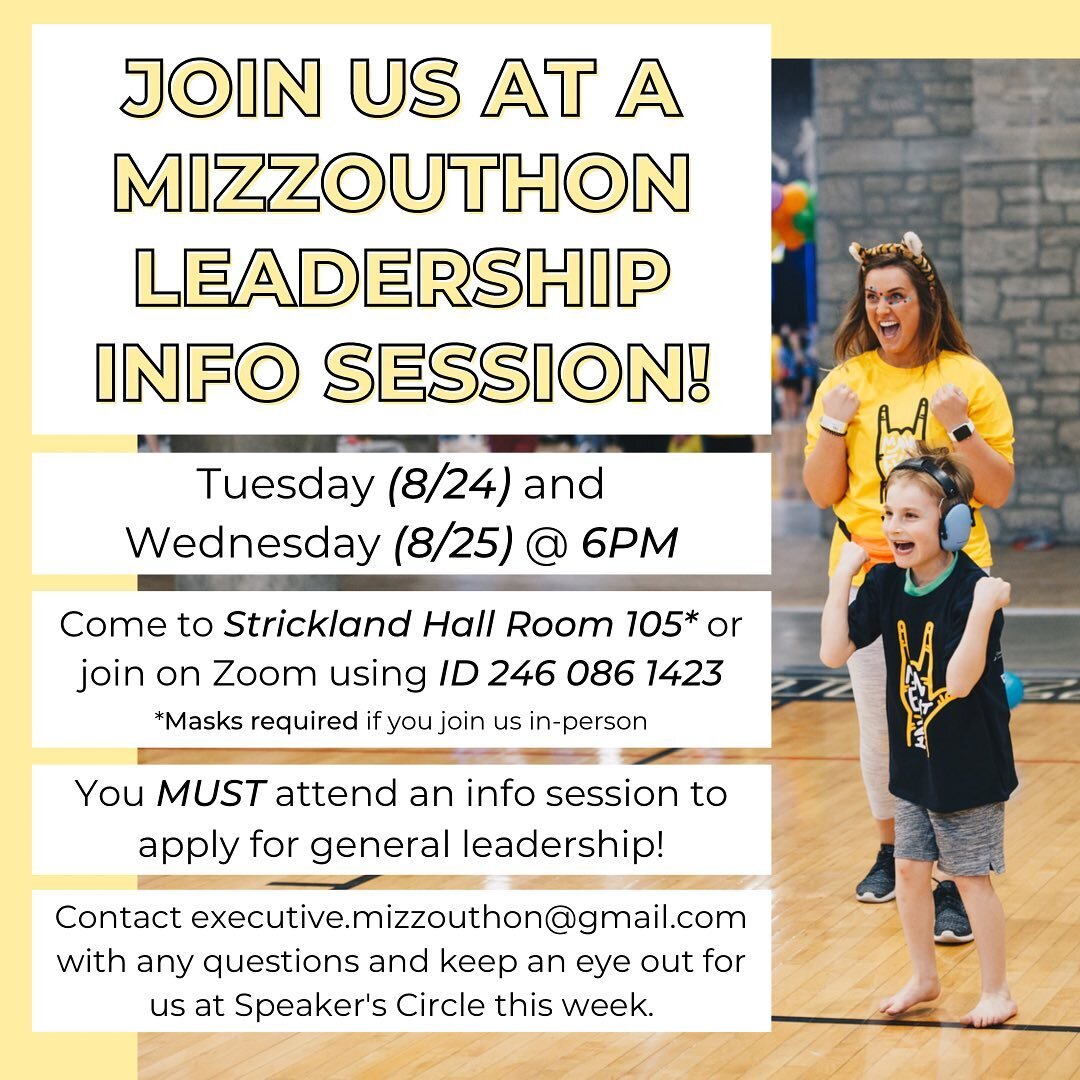 Want to be a part of the team that makes MizzouThon happen?

Join us this week at a leadership session Tuesday or Wednesday at 6PM! Applications to join general leadership will close Thursday @ 5PM ❤️💛

We will also be at Speaker&rsquo;s Circle THIS