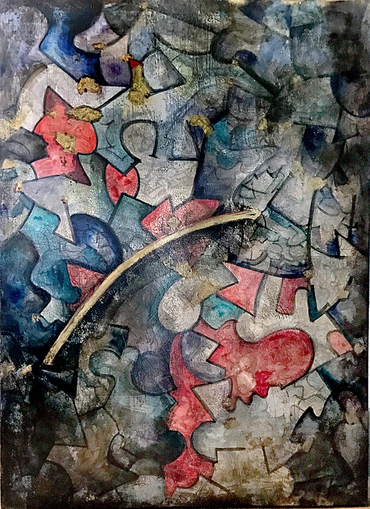 The Flight From Ochosi's Arrow  , 2017. Oil, watercolor, acrylic, plaster and lacquer on canvas, 36 x 48 inches