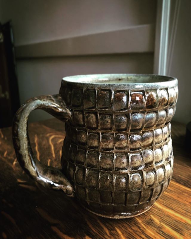 Here is a stamped soda fired mug circa 2010. One huge reason why I fell in love with pottery is because of wood firing. I got to fire the @northernclaycenter kiln at Jeff Oestreich&rsquo;s , I got to fire with Randy Johnston and Jan McKeachie Johnsto