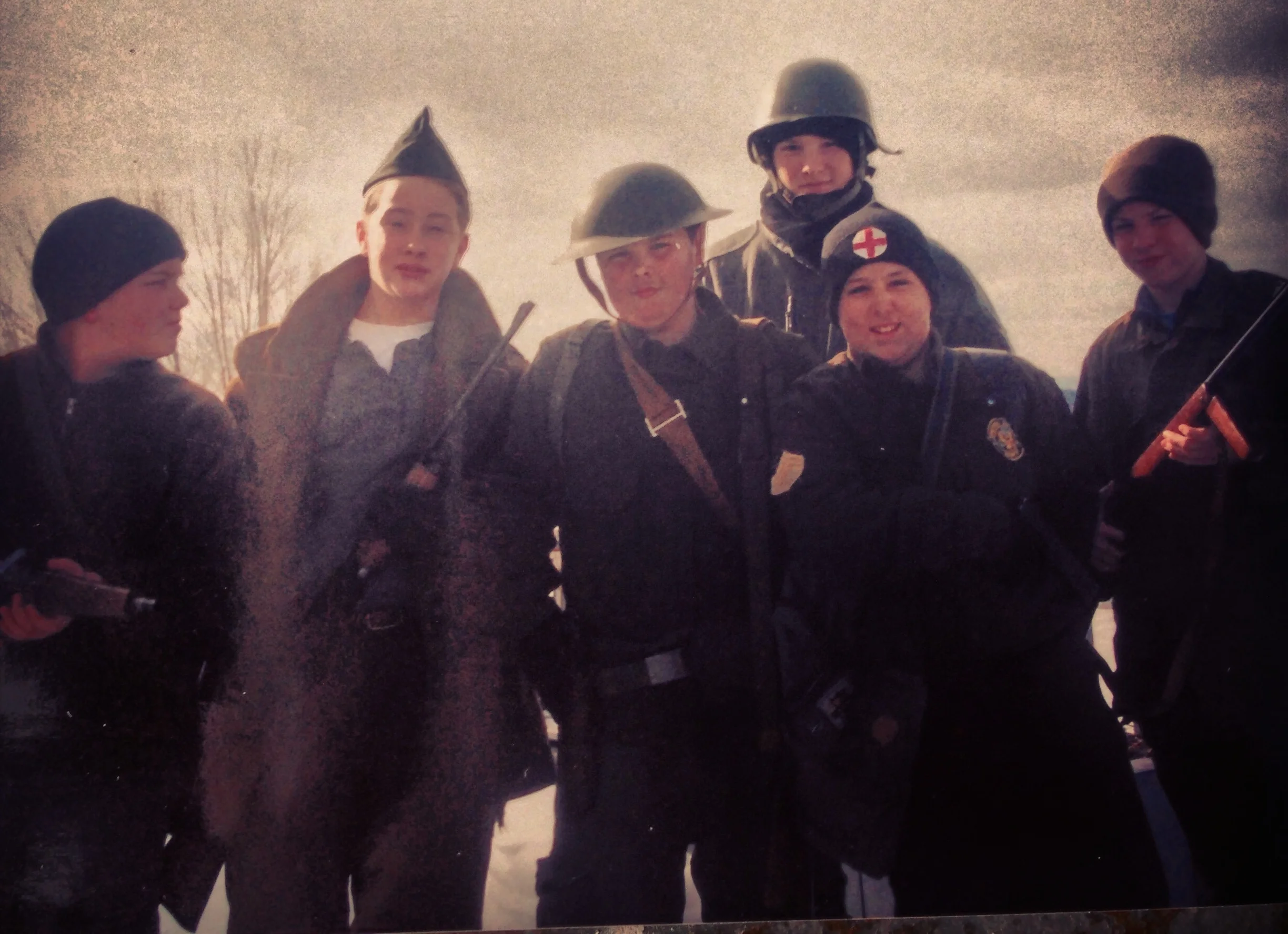 Behind the scenes of one of the early movies"The Black Hand Gang" 2002. Second from the left is a young John Stegemann, Production Designer and long time Producer. Center Middle is Steve Powers, and in back is Jim Powers.