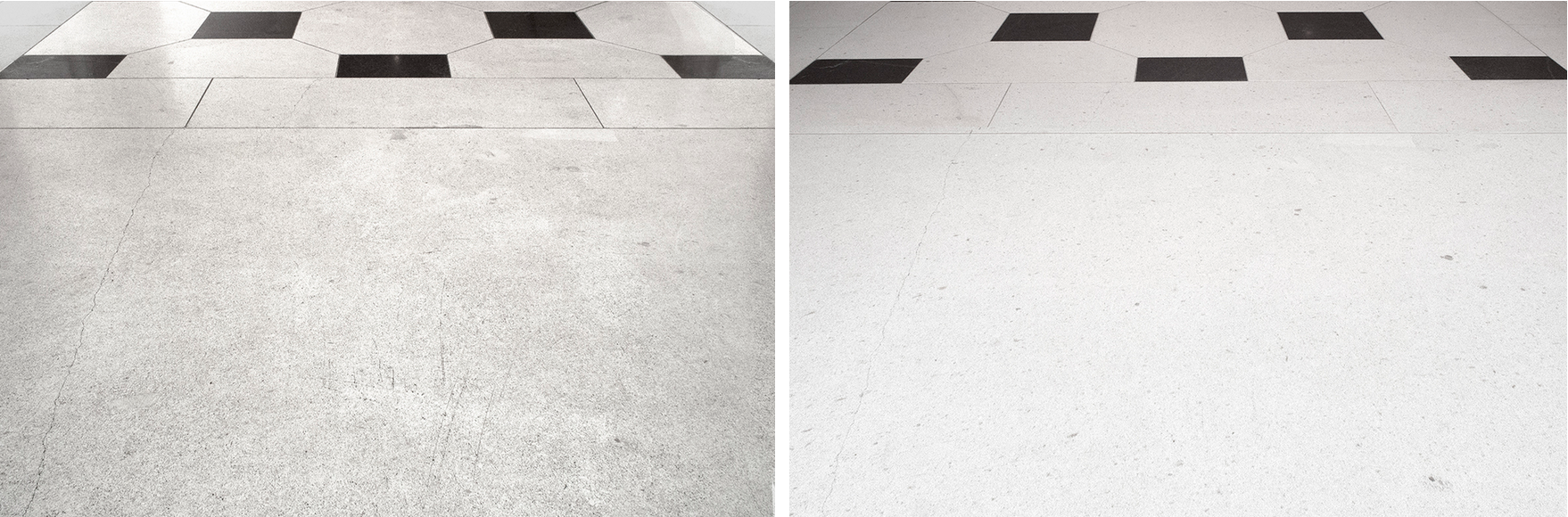 Left to right: limestone floor before and after, cleaning and polishing.