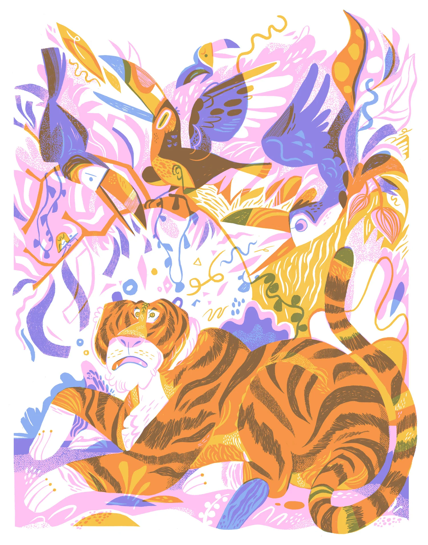  limited color illustration of tiger and noisy toucans 