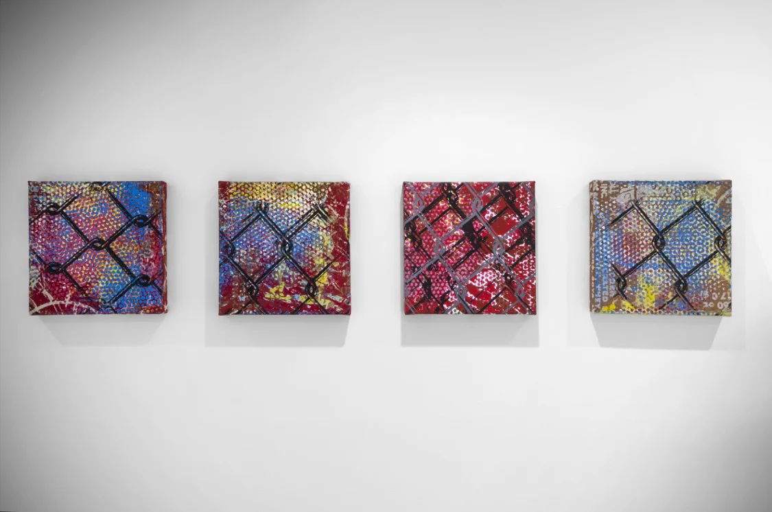 SHELTER SERRA Fence No. 1, No. 5, No. 6, No. 7 (2018) Polymer paint on canvas 12 x 12 inches