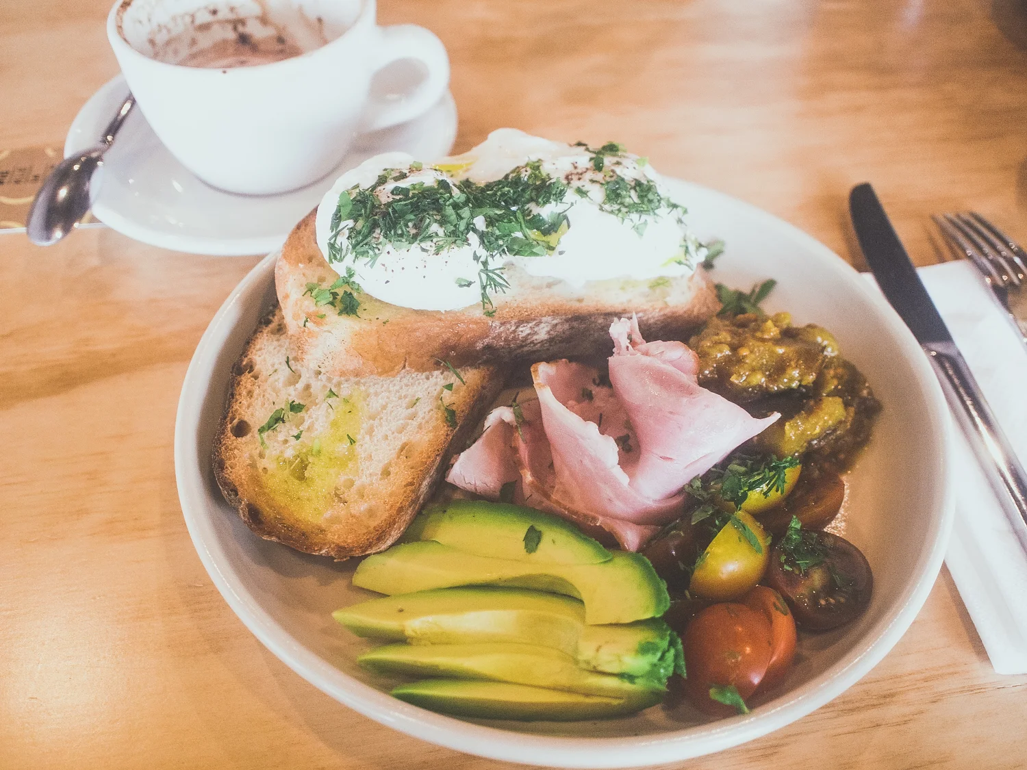 Eggs on Toast - with Wild Loaf organic ciabatta, Pickled Eggplant relish, avocado, and Newbury & Watson ham