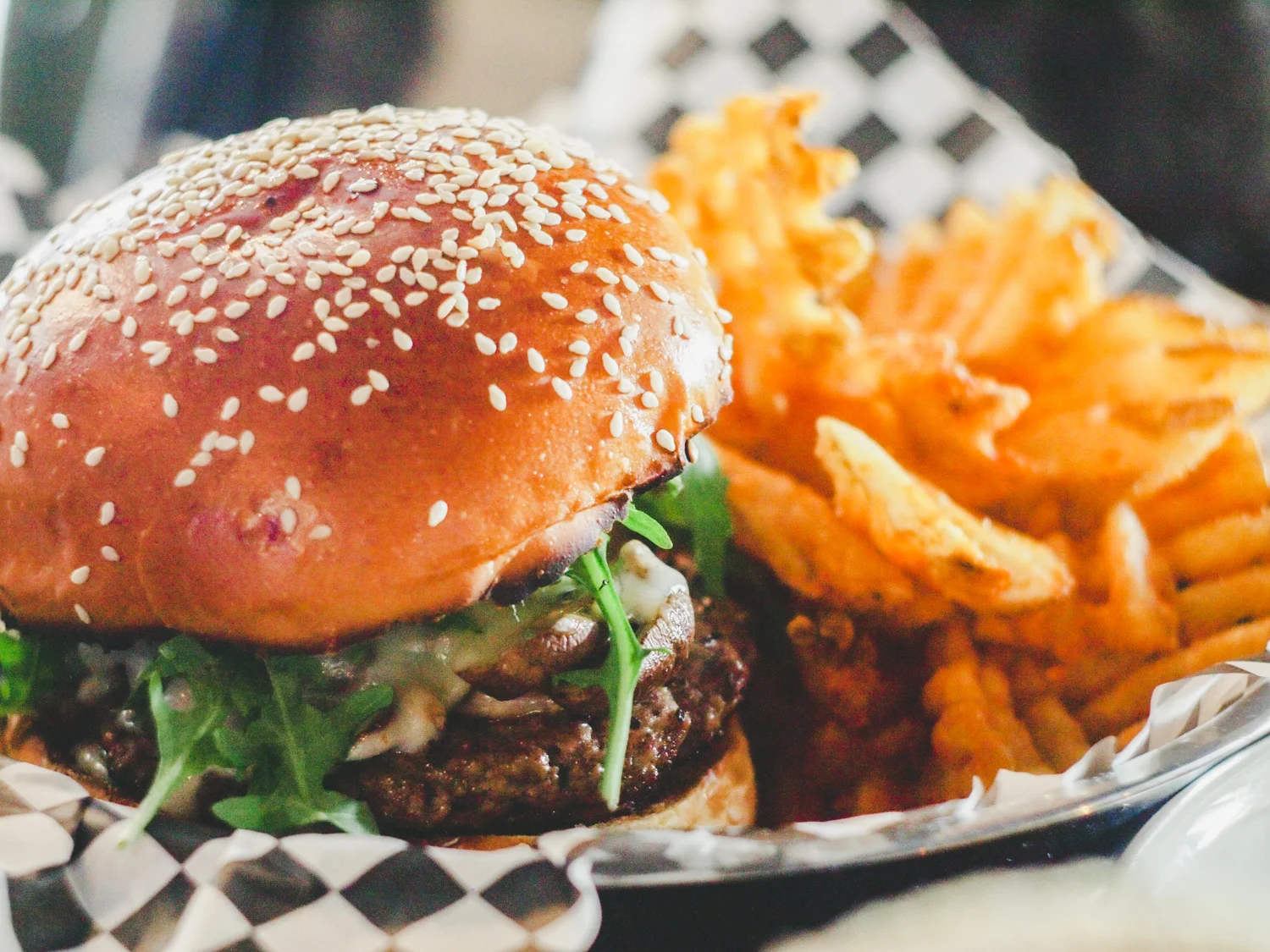 The Mushroom Melt (Angus Beef, Roasted Mushrooms, Jack Cheese, Bacon, Caramelised Onion, Rocket & Truffle Aioli) with Hashtag Fries and a drink - $16.00 combo