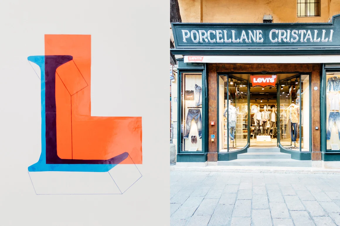 L _ by Roberta Campione Porcellane Cristalli VS Levi's In the very heart of the city center in Via Clavature, you can notice a constant overlapping of historical signs coming from the past, that still shout their long and well established tradition. The letter L lies right there, where past and present overlap: where an old Porcelain and Crystal shop that used to be in the past is with a shop of a famous denim brand. (Paper, color filters, ink pen)