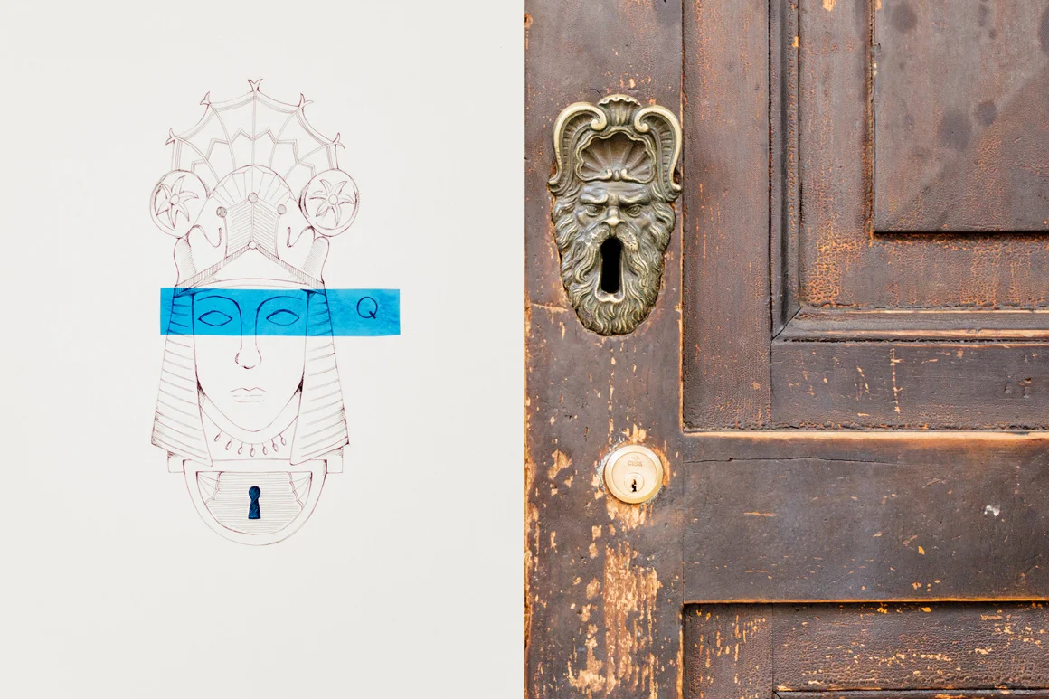 Q _ by Roberta Campione Queen, front door lock Many front doors around the city has decorated metal elements of all kinds: studs, spikes, door handles, door knockers. The letter Q takes inspiration from a bronze front door lock, in this case in the shape of a Queen instead of a demon. (Paper, ink pen, pencil, color filter)