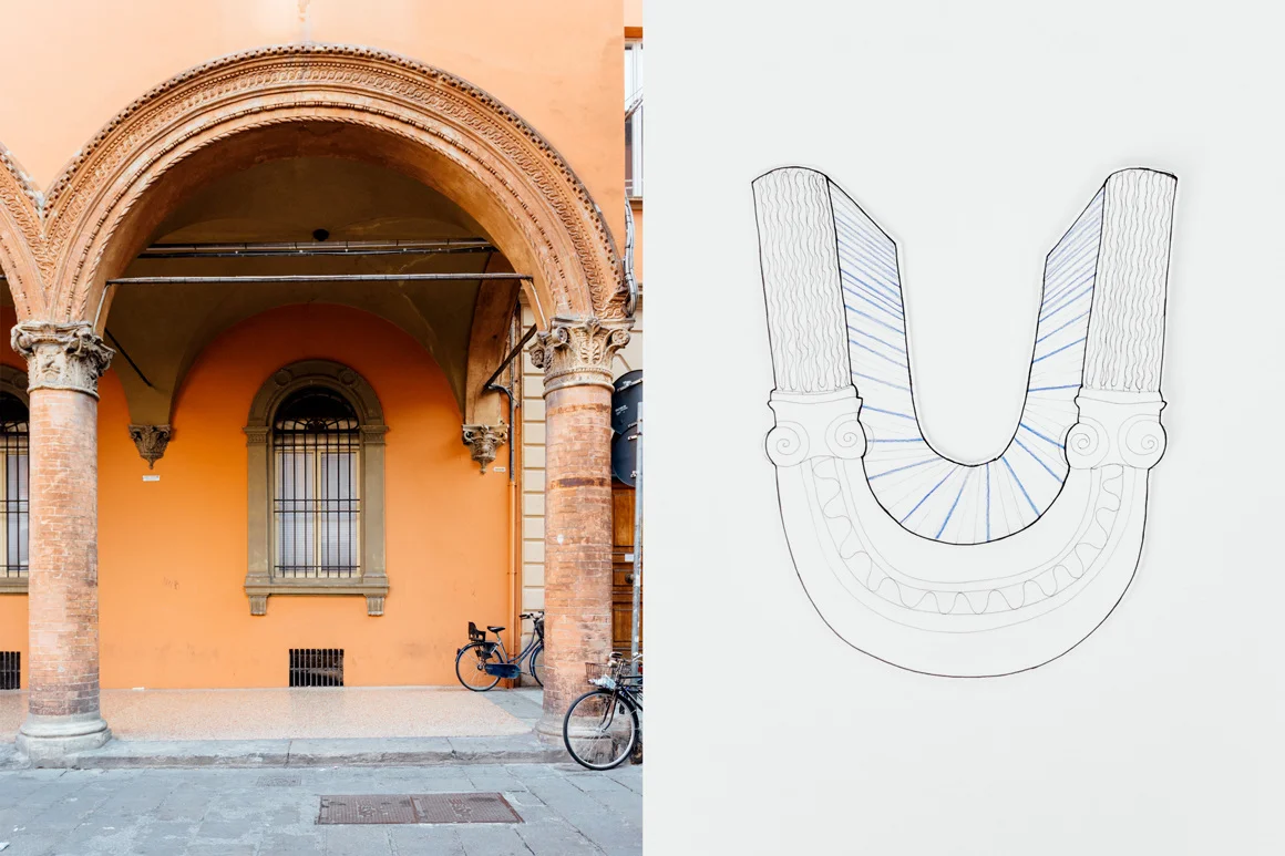 U _ by Scilla Alberini Porticos & Arches The nearly 40 km long porticoes make the city of Bologna unique in the world and have been nominated as a UNESCO World Heritage Site. With more than 600 arches, the portico of San Luca links the town to the Sanctuary on the top of the Colle della Guardia. What happens if you just take one of those arches and change the way you look at it? (Paper, ink pen, colored pencil, pencil, paper collage)