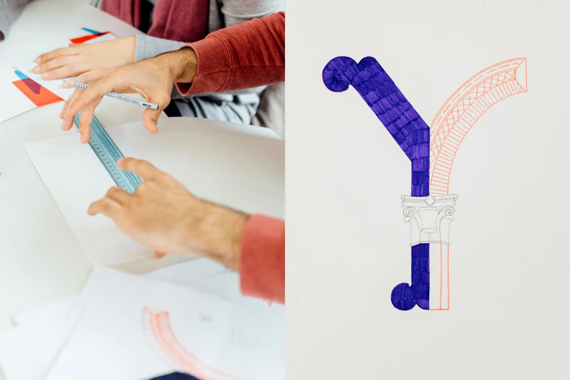 Y _ by Marco di Norcia Porticos & Arches The letter Y emerges by the juxtaposition of a well known type and architecture element, side by side to form a single entity. (Paper, felt pen, colored pencil, pencil)