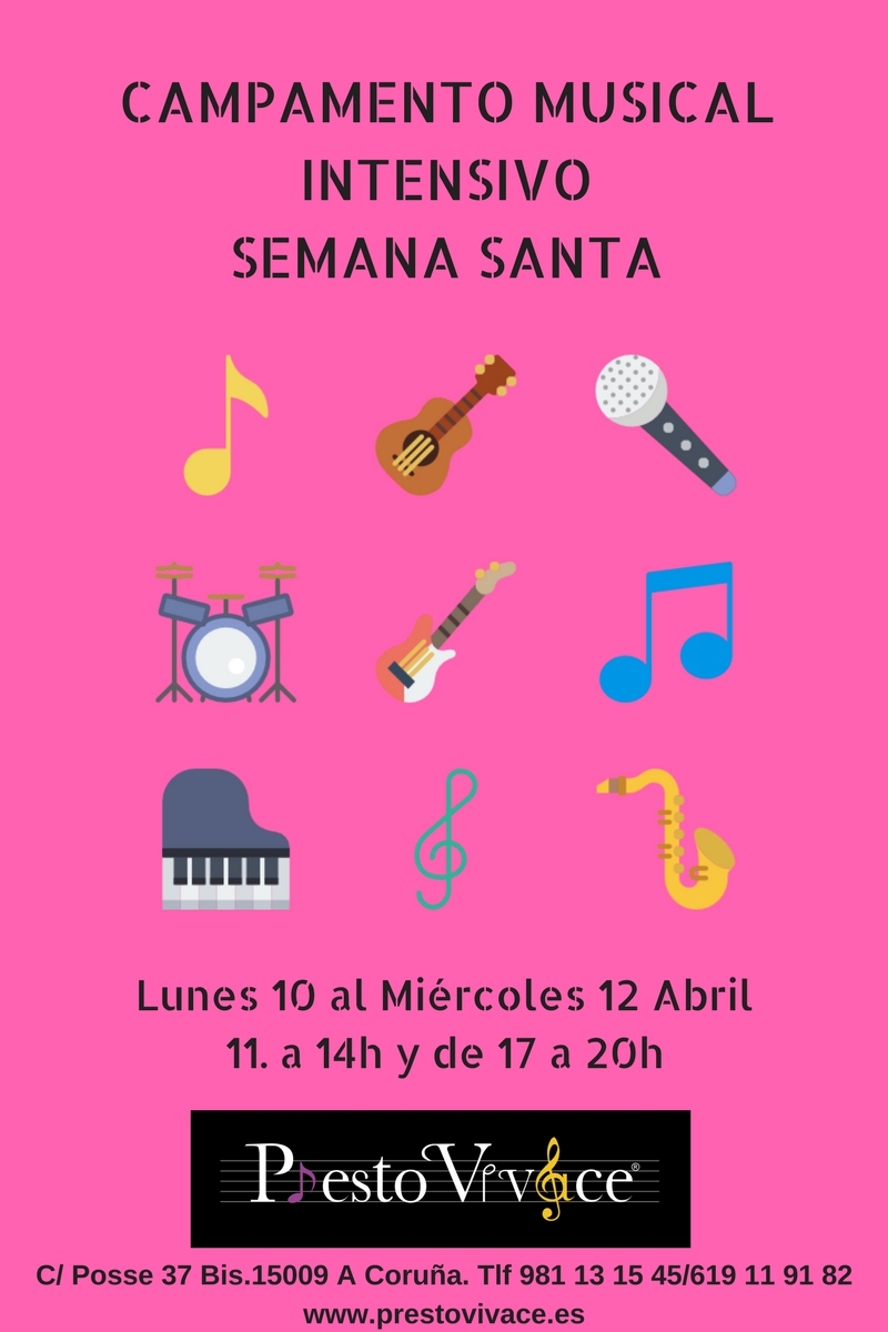  Del Lunes 10 al Miércoles 12 de Abril ven a disfrutar del mejor Campamento Musical Intensivo dirigido a niños de 5/6 a 12 años. Formato intensivo, divertido y didáctico de activades de Música, Canto y Danza diseñado por el Equipo de Profesores de Presto Vivace. Asignaturas de Orquestas de Percusión, Orff, etc...coreografias de Danza Moderna con diferentes estilos de baile (funky, hip-hop, técnica, etc...) repertorio de canciones divertidas y actuales del panorama nacional e internacional , harán que los pequeños se conviertan en "artistas" con metodología divertida y cargada a la vez de aprendizaje. Las clases serán colectivas. Solo se activarán con un mínimo de 5 alumn@s por clase. Las horas sueltas estarán sujetas a disponibilidad horaria de grupos y actividades. Se podrán solicitar clases personalizadas de Canto Infantil, Instrumento 1/2 Ind e Inteligencia Musical (precio aparte). Instrumentos (guitarra española, acústica o electrica, bateria, violín, piano, viola, flauta, etc..). Sesiones de Inteligencia Musical (Coaching, Miedo escénico, Musicoterapia, Interpretación y Técnica Vocal, Imagen y Marca Personal, Ritmoterapia). Reservas de inscripciones del 50% hasta el Jueves 6 de Abril. En caso de anulación no se devolverá el importe. El resto de la cuota se abonará antes del comienzo del Campamento el Lunes 10 de Abril. Precios 90€ -( Campamento completo, 18h) 42€ - Dia suelto (6h) 8€/h -Hora suelta 15€ - 1/2h Instrumentos Individuales , Canto o Sesiones de Inteligencia Musical. C/ Posse 37 bis 15009 A Coruña 98 131 545 / 619 119 182/ info@prestovivace.es .