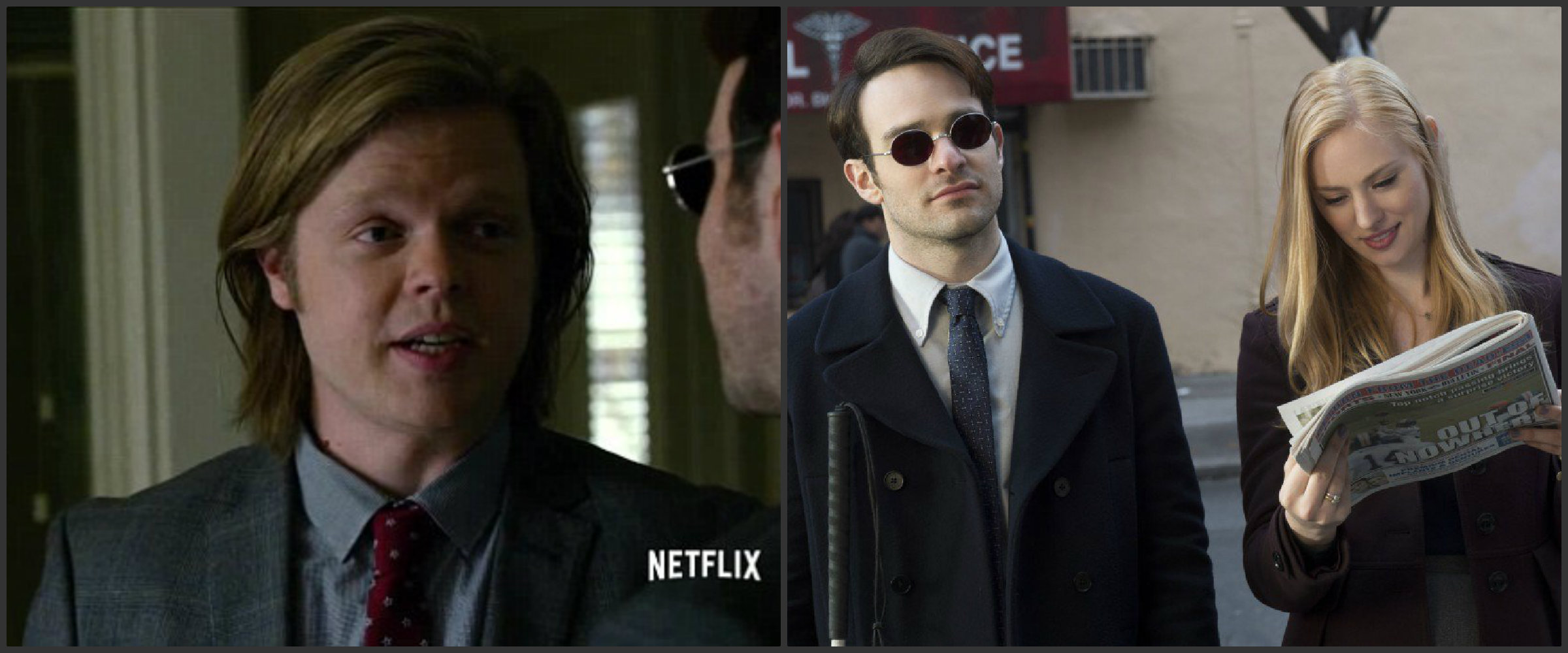 left to right: Elden Henson as Foggy, Charlie Cox as Matt Murdock and Deborah Ann Woll as Karen Page