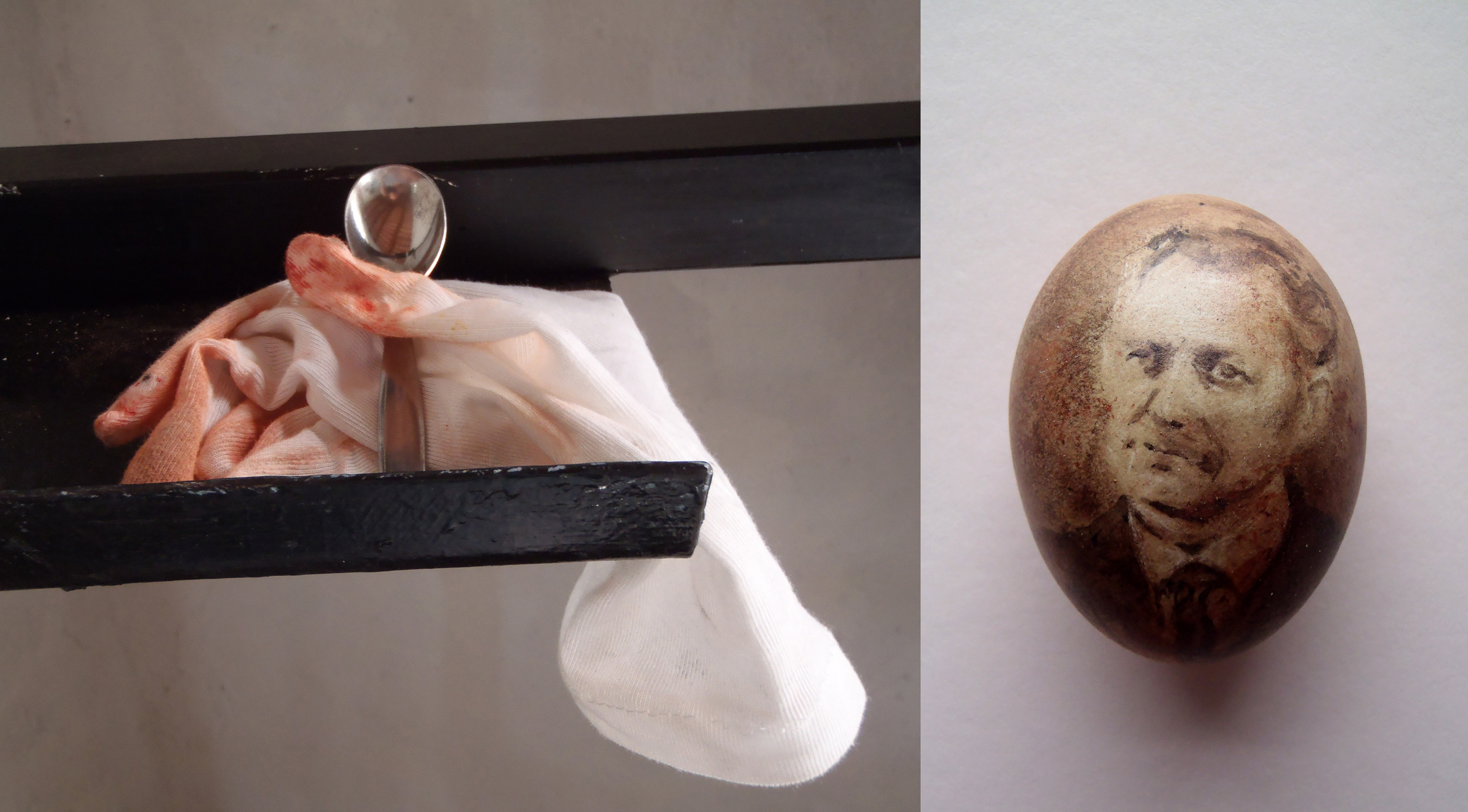  Spoon in glove of easel, 2012  Oxide on egg shell    