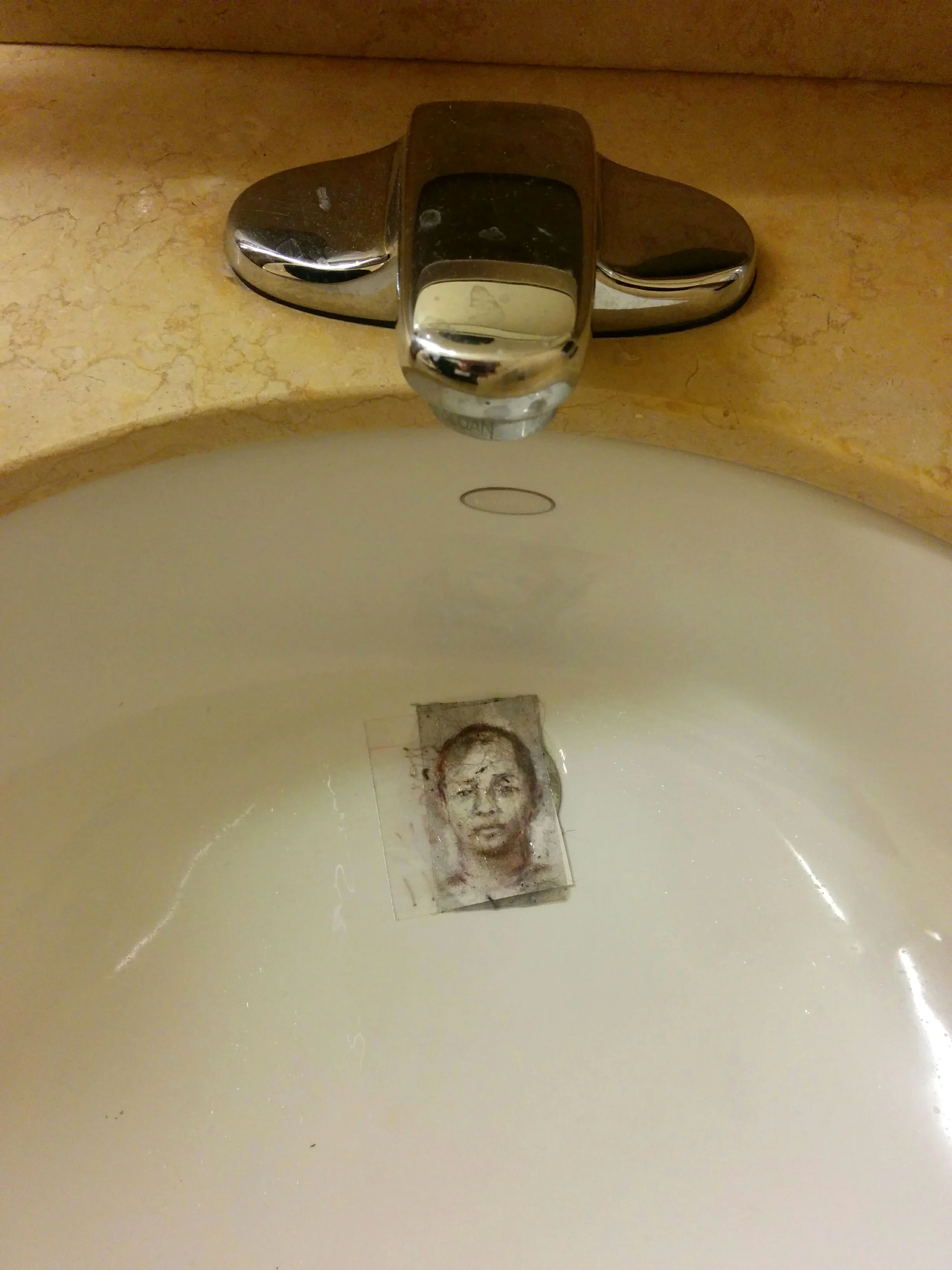   Clogging the Drain, No. 86224 &nbsp;(Impermanent Resident Series,) 2016&nbsp;  Lint, dust and colored pencil on tape, washed&nbsp;  Site: Washington Wardman Park Marriott, CAA Conference, February 5, 2016 