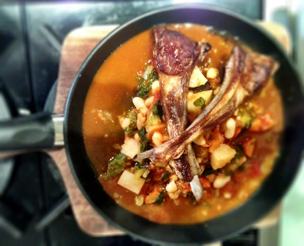 Mustard-Parmesano Lamb Chops & Garbanzo/Kale Stew