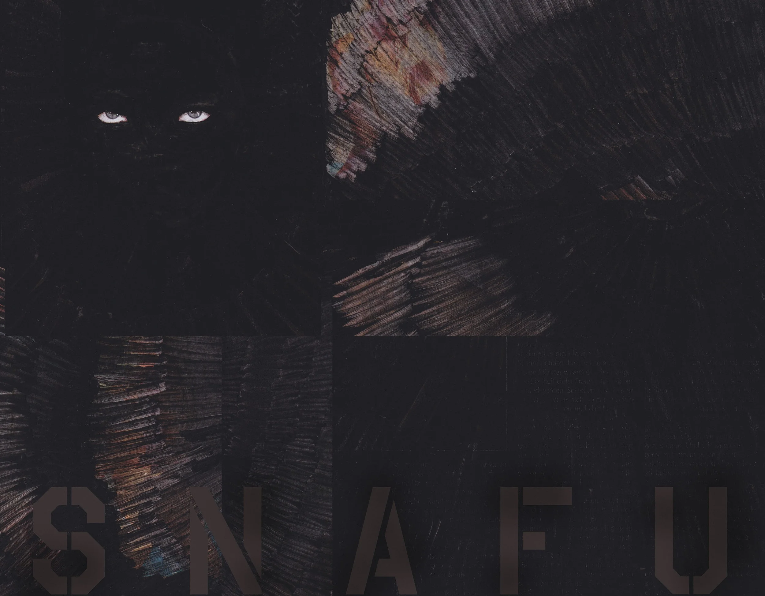SNAFU , 2013. Flag, 200 x 145 cm. The flag, made for Flag /Performa 13, New York, is composed by the use of a series of images taken from pornographic/fashion magazines The models have been manipulated and camouflaged with a black felt pen leaving only the eyes uncovered . For a moment the gaze is turned. The letters SNAFU are a well-known US military acronym slang: Situation Normal All Fucked Up, 