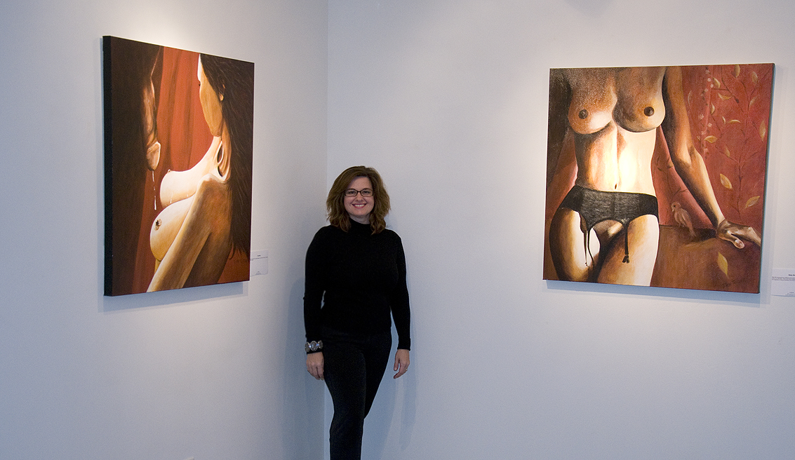 Tatiana von Tauber, artist, posing with Coupling (left) & Baby Bird (right)