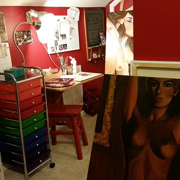 My home art studio with two of the Art Porn 2016 paintings so far. Neither of them are finished - or full frame. ;)