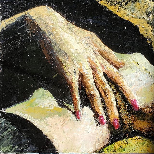 Here's a good Sunday mood...
💋 &quot;Hand It Over&quot; is my newest palette knife piece, a small 10x10 inch work that is super textured and glossy and sexy! It's also available. 🎨
#paletteknife #oilpainting #hands #sexyart #femme #nsfwartist #smal