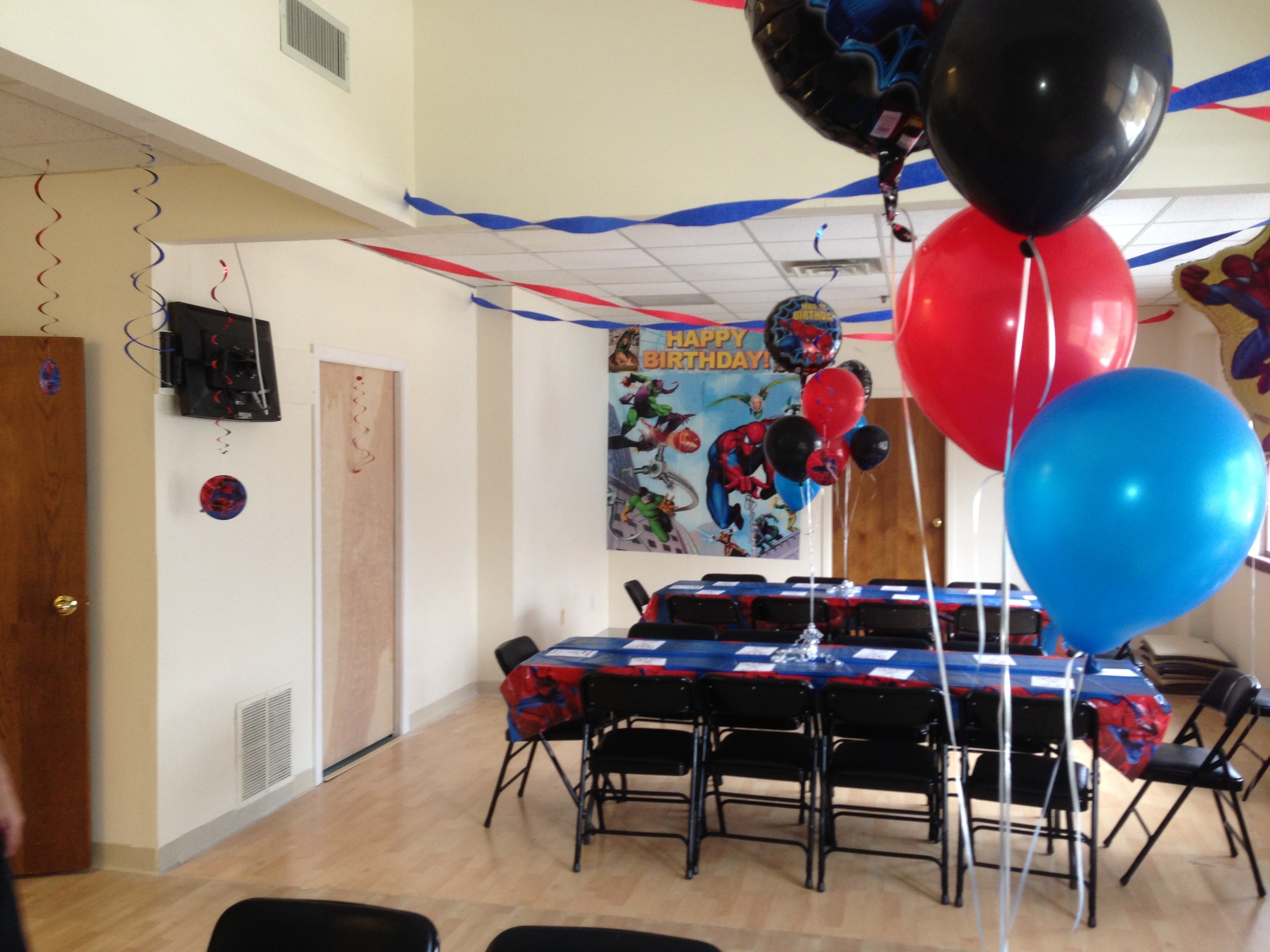 Our Cabaret Room decorated for a Spiderman Party.