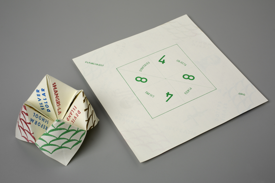 4 Colors, 8 Strategies , 2014 Risograph print 7 x 7 in. unfolded 4-color risograph print with instructions. Fortune teller. Contains "fortunes" taken from Brian Eno and Peter Schmidt's Oblique Strategies . Edition of 75.