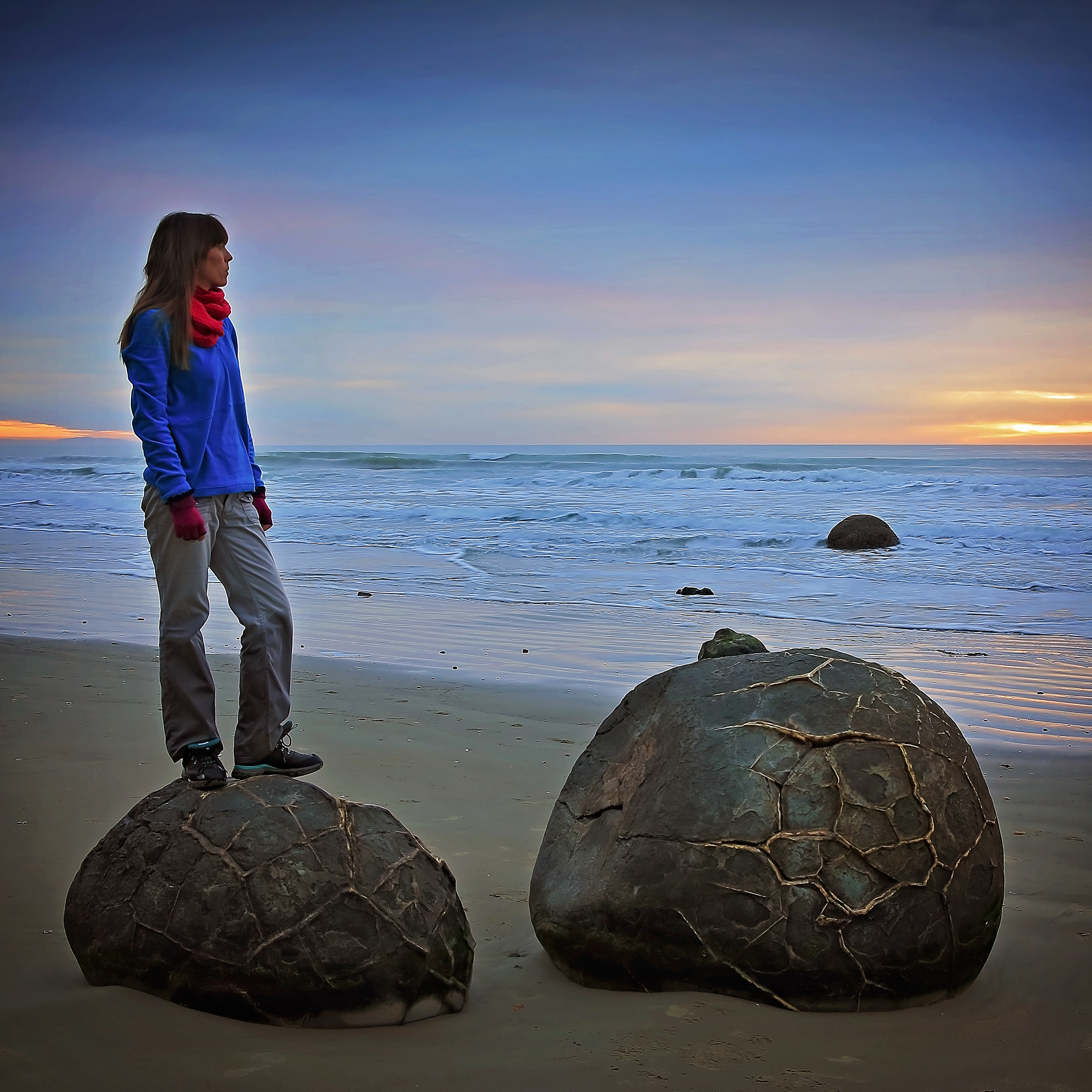 Self Portrait at the Moeraki Boulders, NZ – These boulders are astounding! Perfectly round and laced with quartz, they appear to have rolled out of the cliff and onto the beach. This was taken after a spectacular sunrise on a recent rip to NZ.