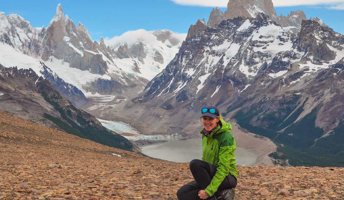 Amanda looking towards Cerro Torre&nbsp;in Patagonia on the Active Adventures ‘Condor’ trip