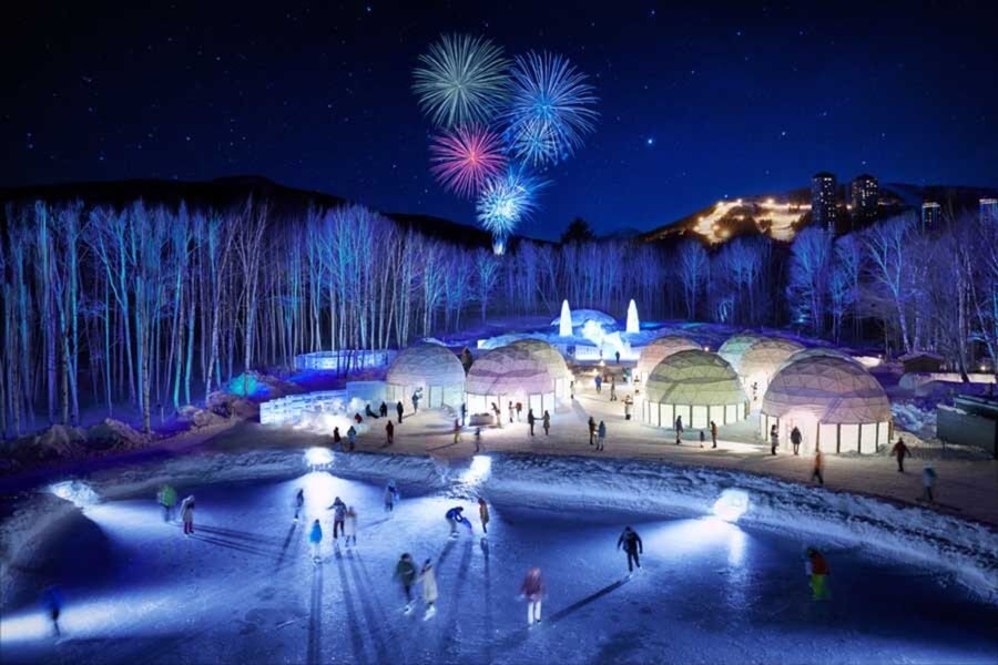 The Ice Village is especially magical after dark