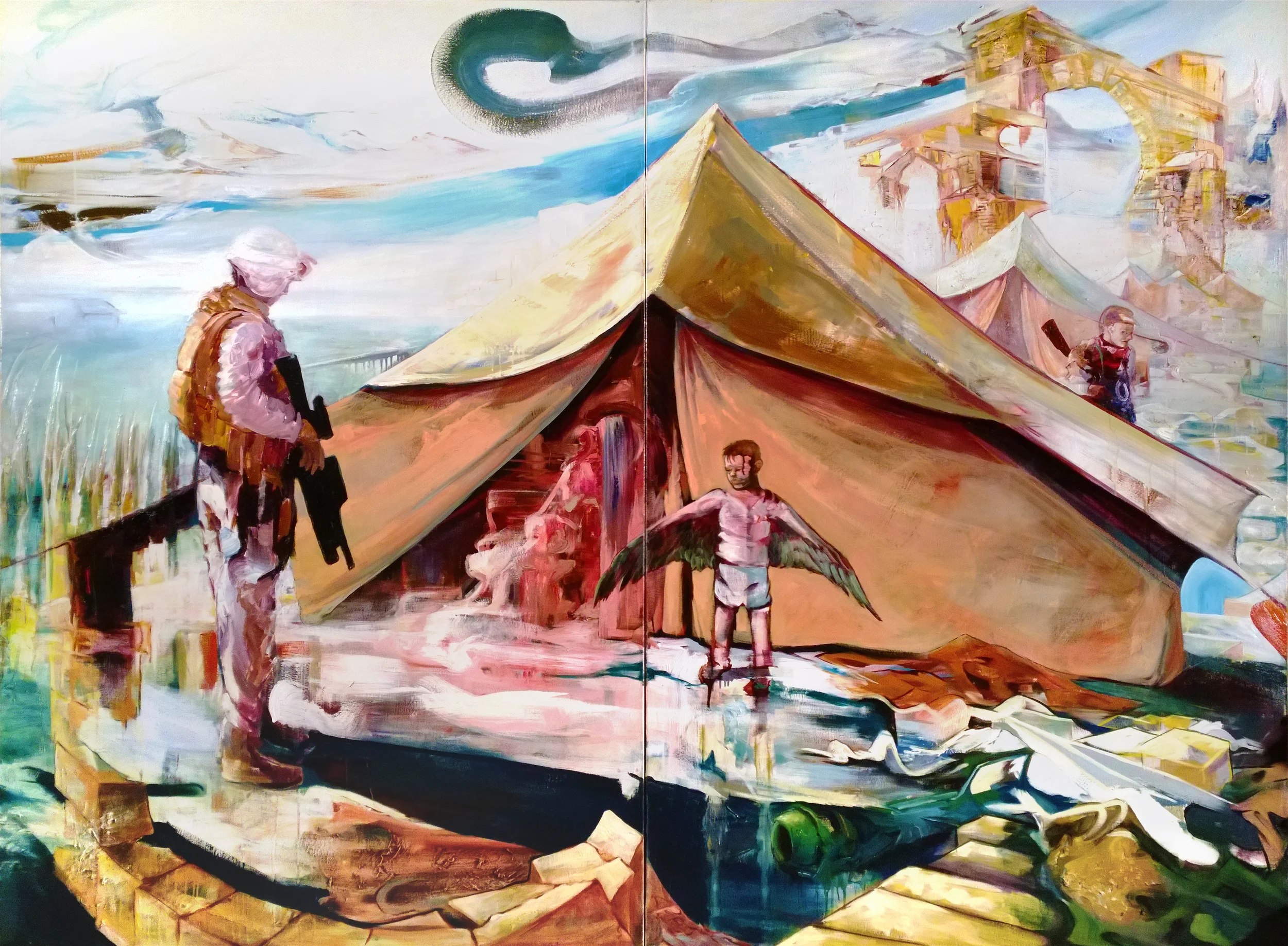 The Meeting of Dark Scout and Winged Boy, oil on canvas, 78" x 108", 2012