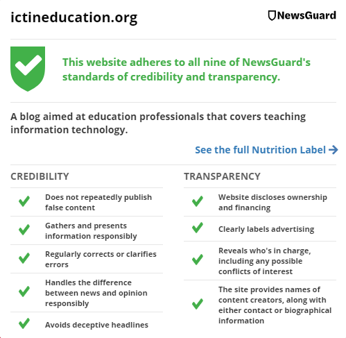 Newsguard's summary of the ICT & Computing in Education website. Screenshot by Terry Freedman