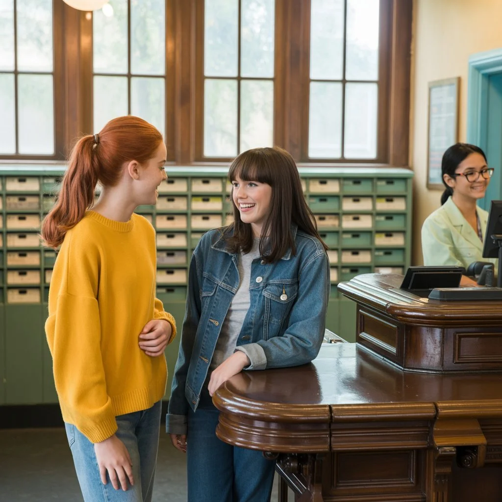 two girls chatting in Post Office