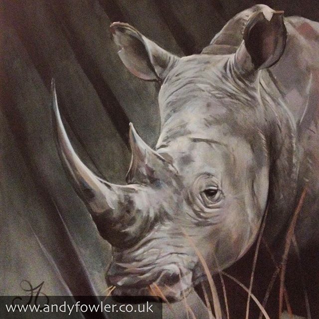 Meet #chipembere /#rhino /#rhinoceros - One of the great #zimbabwean #mbira songs is named after him. My #painting #rhinopainting #rhinocerospainting - #artist #wildlifeartist #andyfowler #andyfowlerart #andyfowlerartist