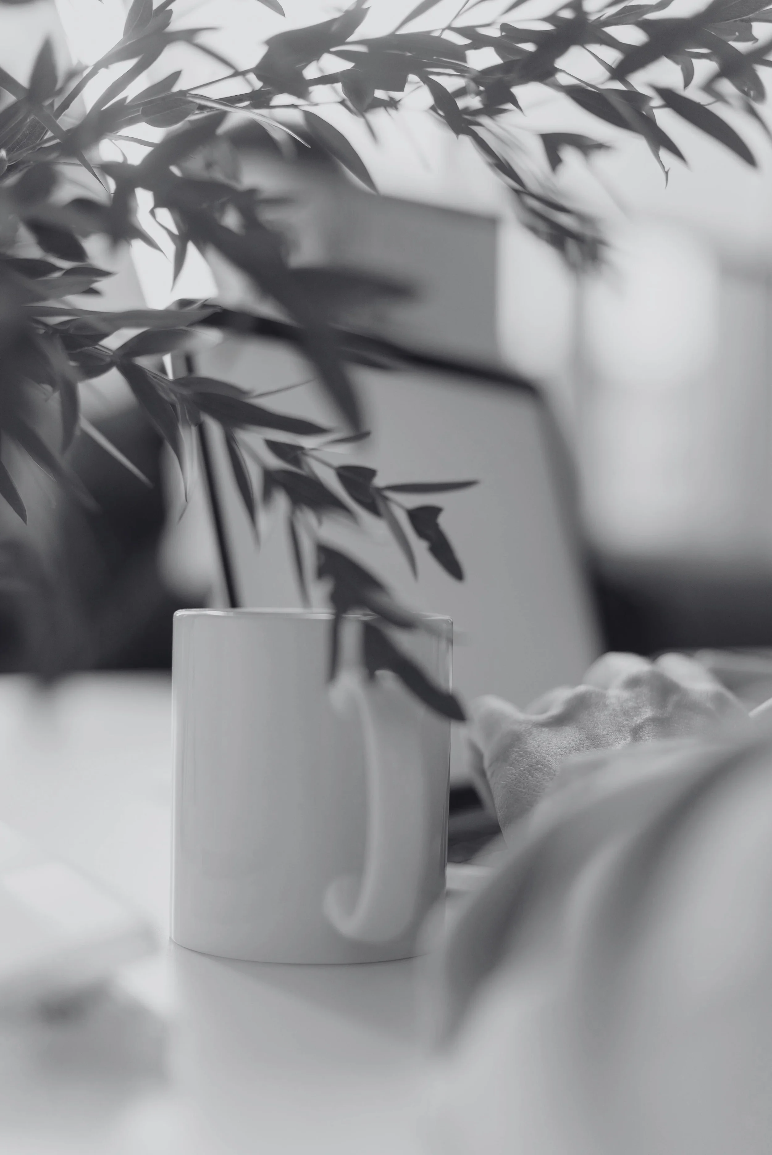 A white coffee mug on a white surface with a leafy plant in the foreground and a blurry laptop in the background in black and white.