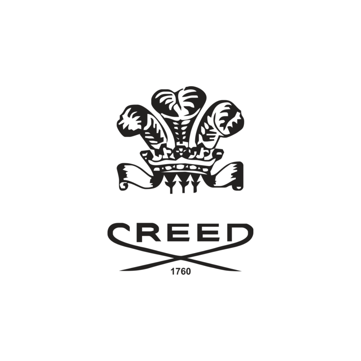A black background with a gray crest featuring three feathered plumes, a crown, and crossed swords beneath the word 'CREED' and the year '1760'.
