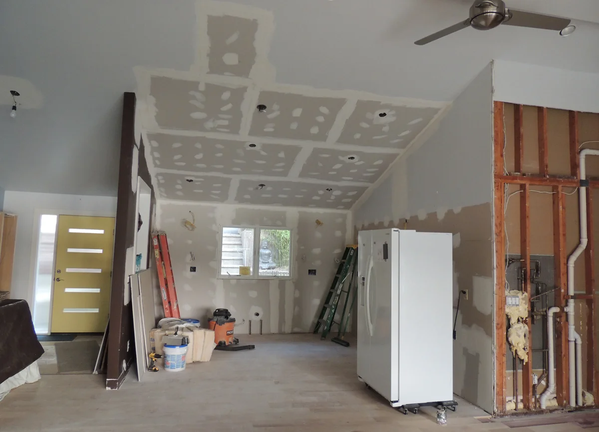 With the roof repaired, the recessed lighting can be installed, celling insulated and drywall put in place by late July.