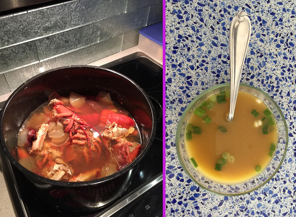 On New Year’s Day, Chef Husband completes the task of turning lobster shells into broth. He rocks—and so does the new kitchen!